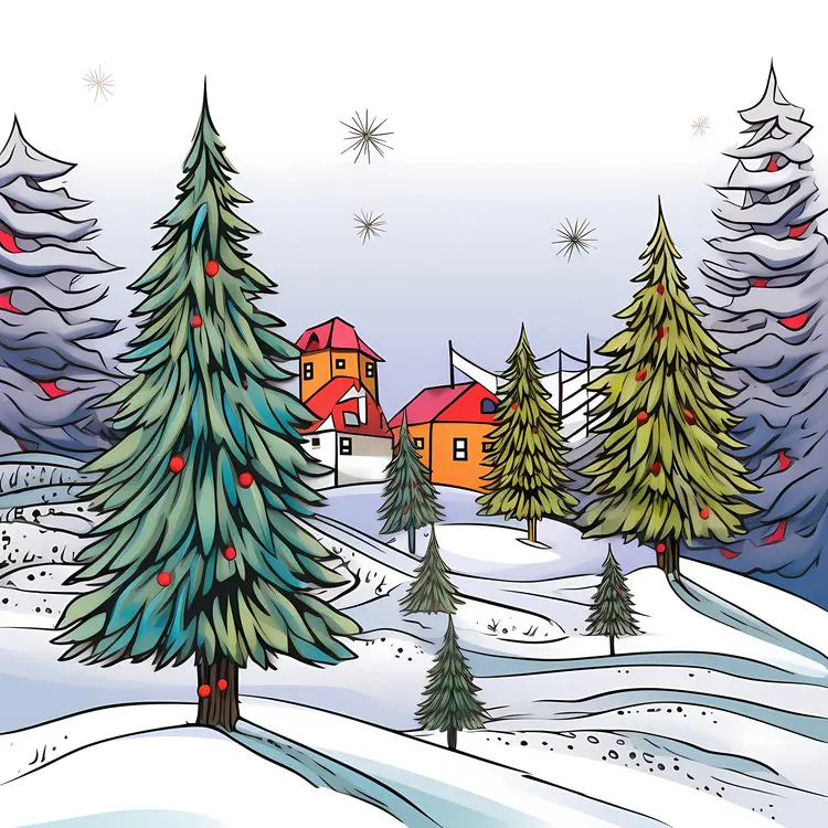Snowy Forest with Colorful Cabins