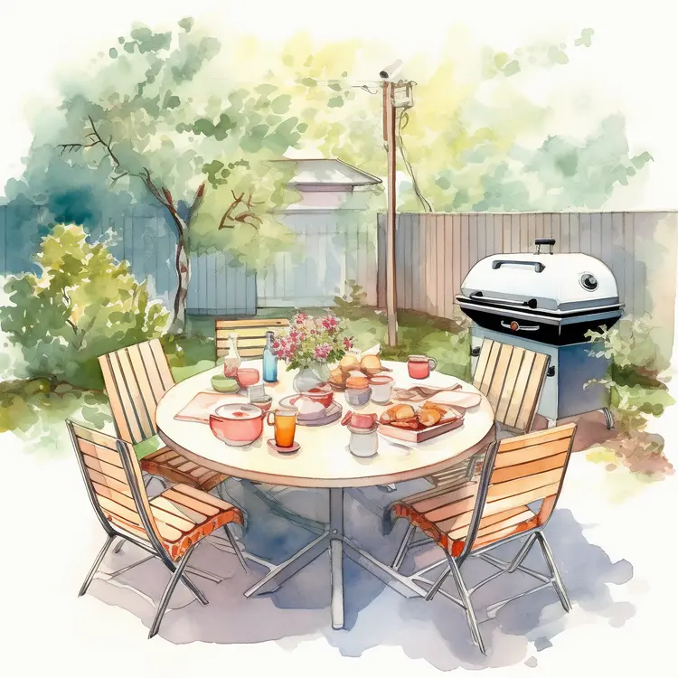 Outdoor Dining Table with Barbecue Setup in a Garden