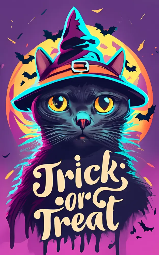 Black Cat in Witch Hat with Trick or Treat Text