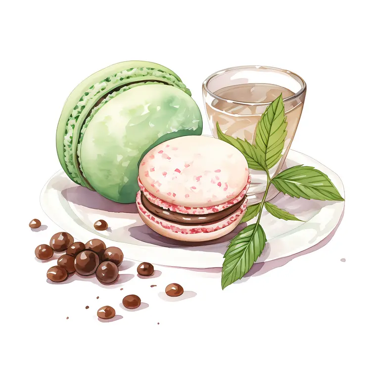 Delicious Green and Pink Macarons with Tea