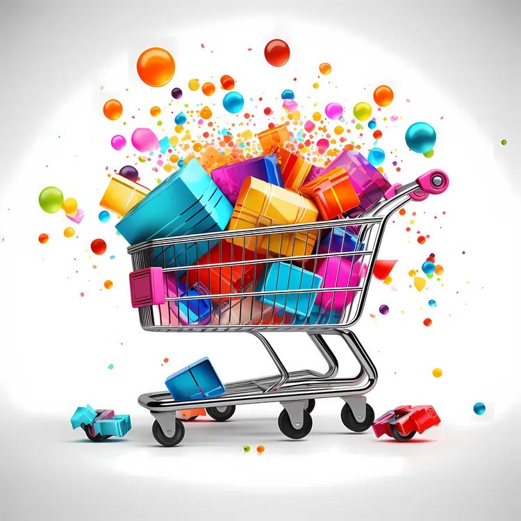 Shopping Cart with Colorful Gifts and Confetti