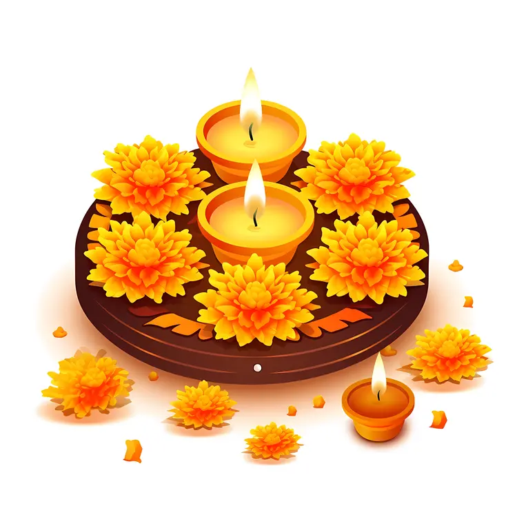 Diya Lamps with Yellow Flowers for Diwali