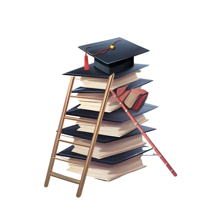 Graduation Cap on Stack of Books with Ladder and Diploma