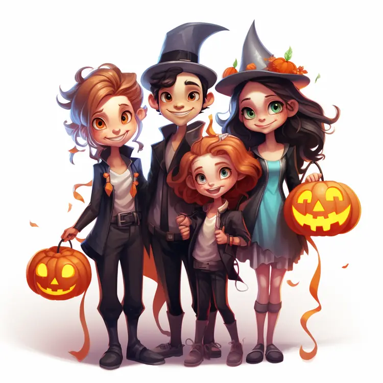 Family in Halloween Costumes with Pumpkins