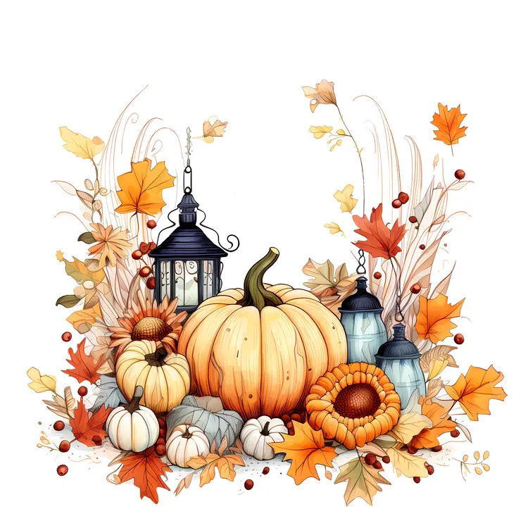 Autumn Decor with Pumpkins and Lantern