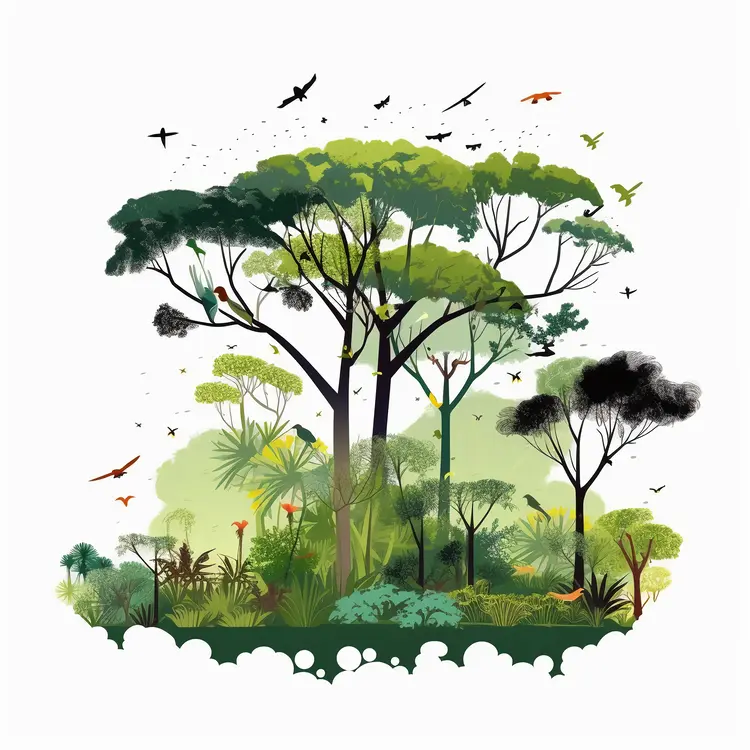 Lush Green Forest with Birds