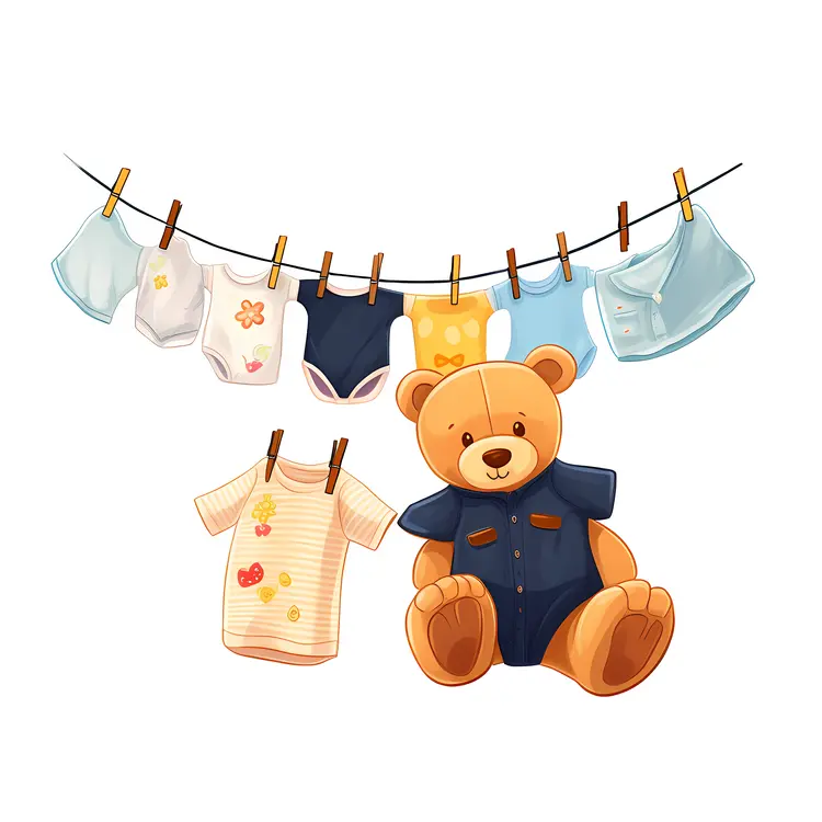Cute Teddy Bear with Baby Clothes on Laundry Line