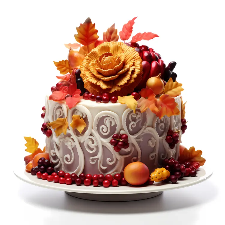 Autumn-themed Cake with Leaves and Berries