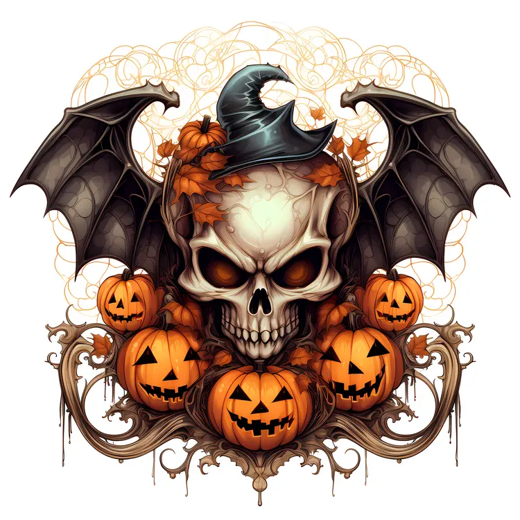 Skull with Pumpkins and Bat Wings