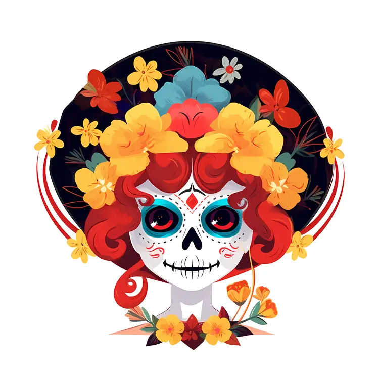 Colorful Sugar Skull with Flowers for Day of the Dead Celebration