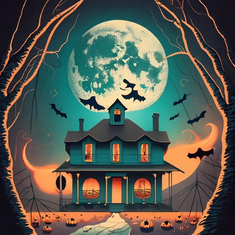 Haunted House with Bats and Full Moon
