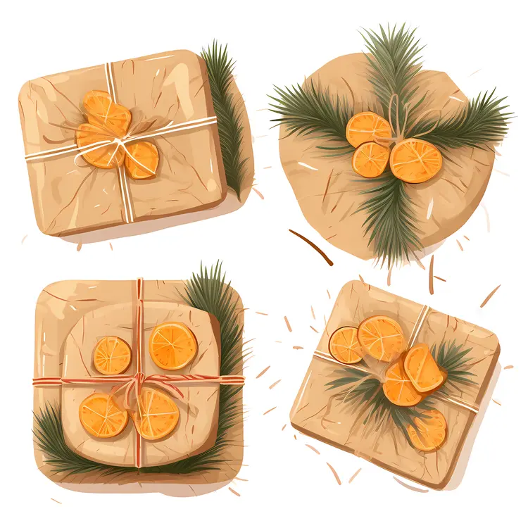 Four Gift Boxes with Orange Slices and Pine Branches