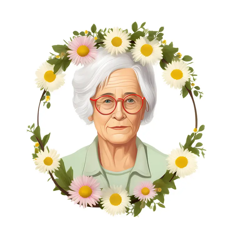 Elderly Woman with Floral Wreath Illustration