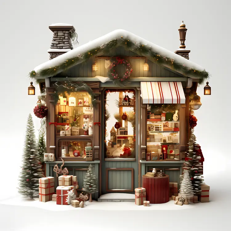 Christmas Shop with Decorations and Snow