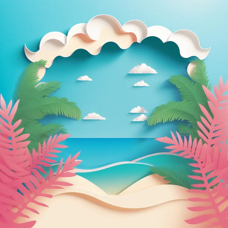 Tropical Beach Scene with Palm Trees and Clouds