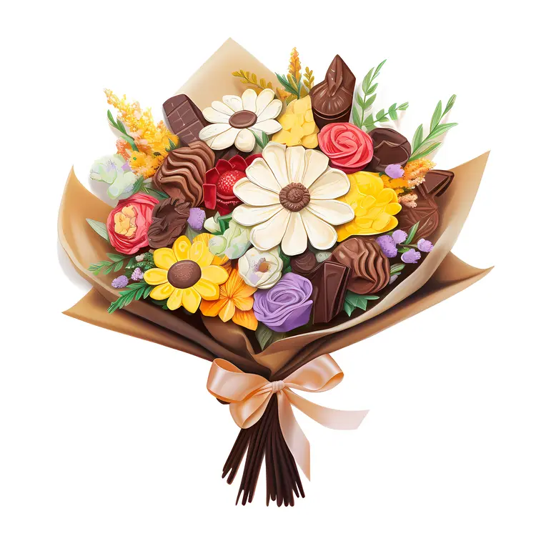 Flower and Chocolate Bouquet with Brown Ribbon