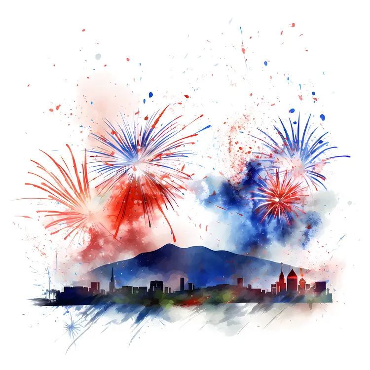 Cityscape with Fireworks and Mountains