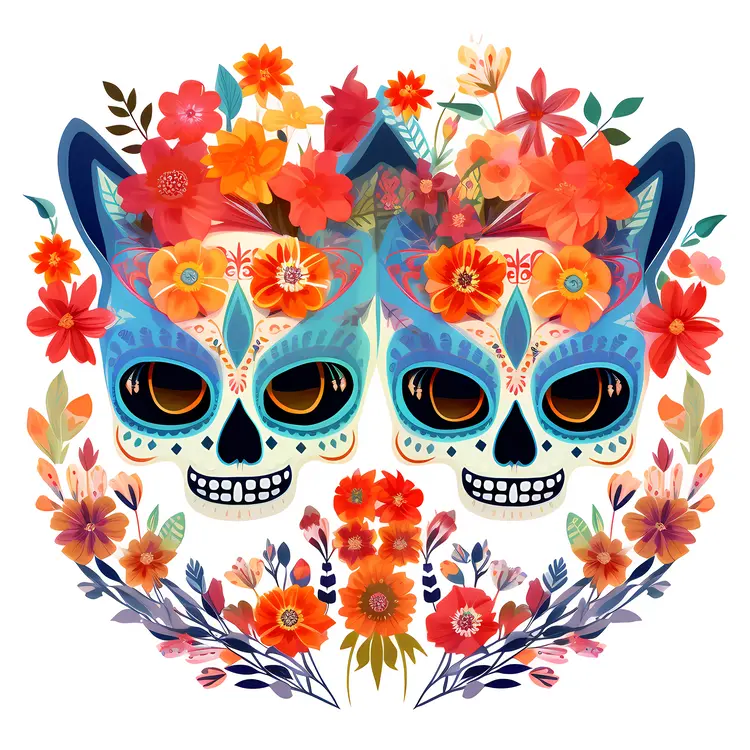 Colorful Sugar Skulls with Flowers for Day of the Dead Celebration