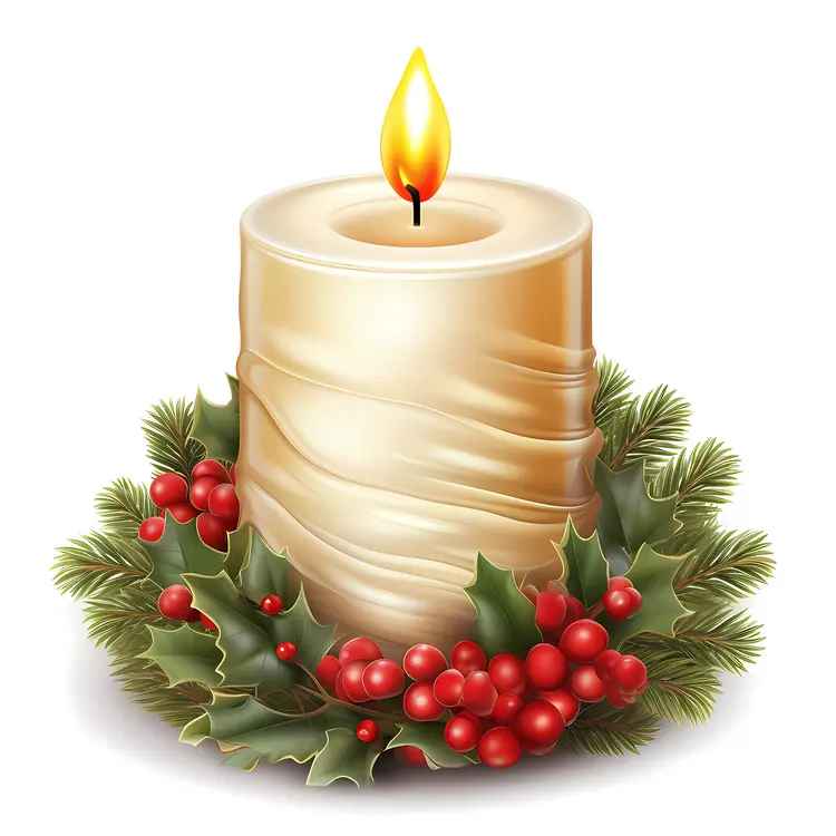 Golden Candle with Holly and Berries