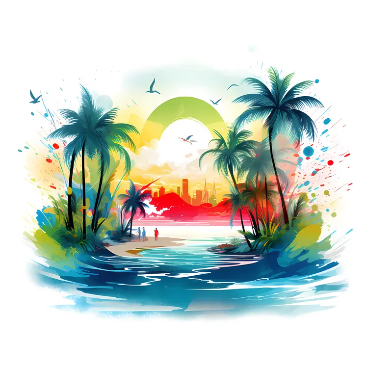 Vibrant Tropical Beach Sunset Illustration