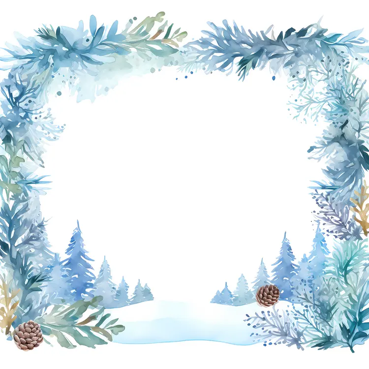 Winter foliage with pine cones and snowy trees