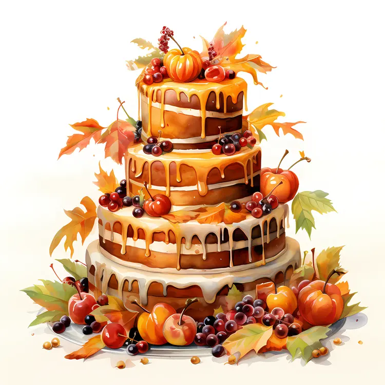 Autumn-themed Cake with Leaves and Fruits
