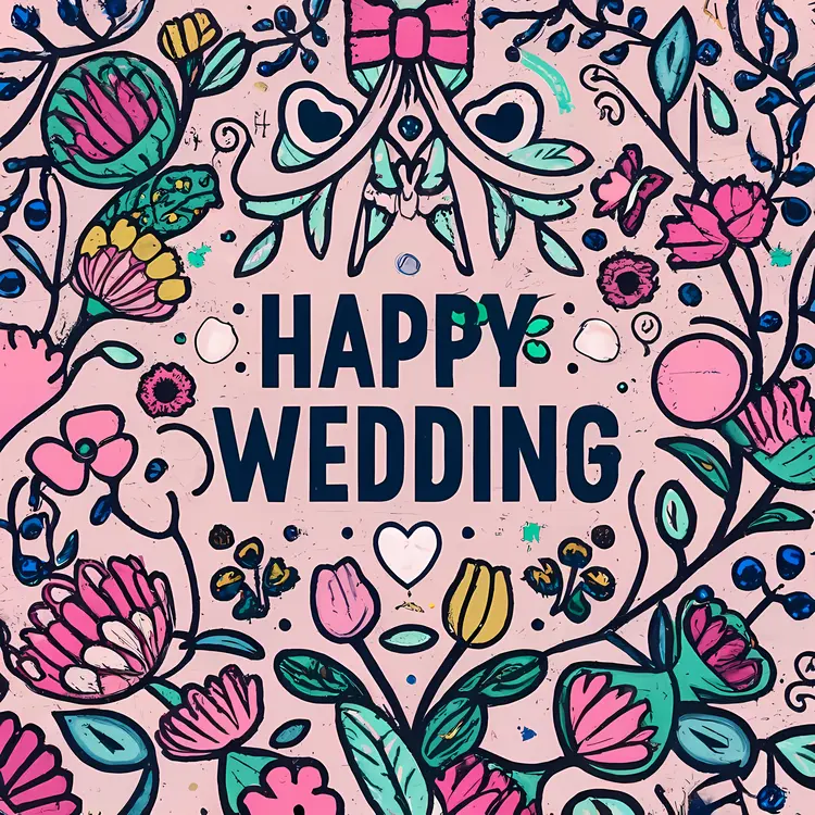 Happy Wedding Text with Floral Decorations