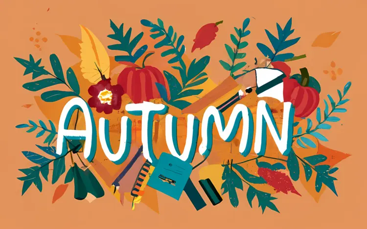 Autumn Text with Colorful Leaves