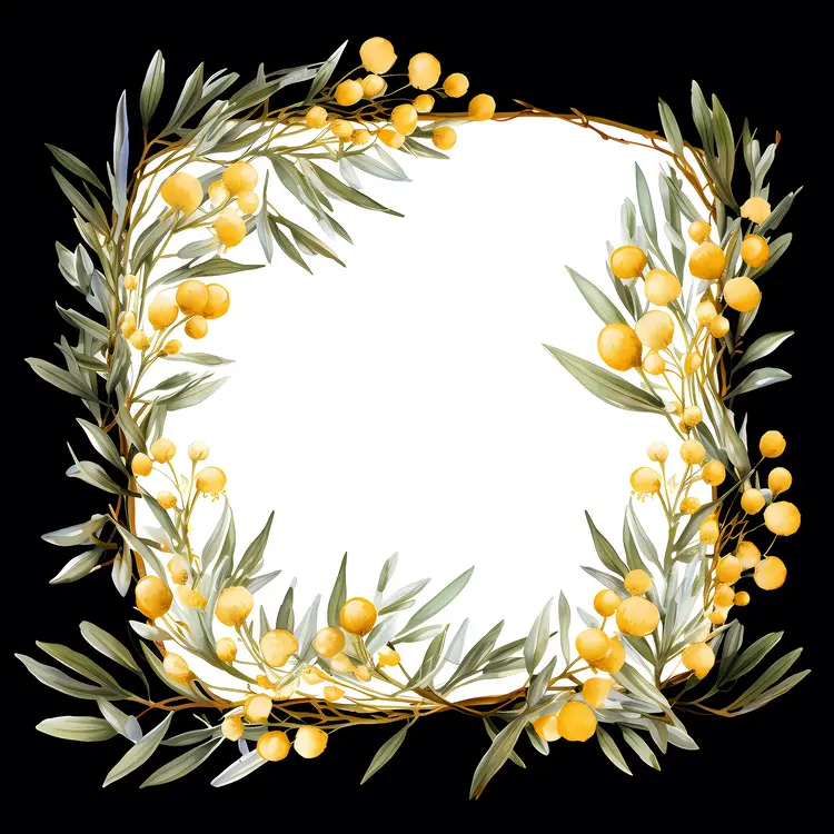 Square Floral Frame with Yellow Flowers and Leaves on Black Background