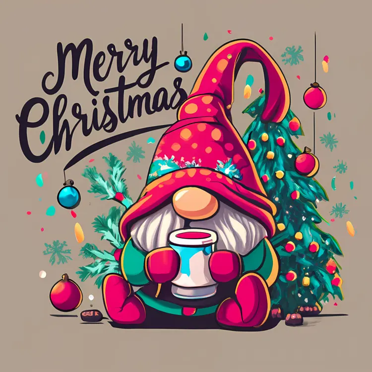 Christmas Gnome with Red Polka Dot Hat and Tree