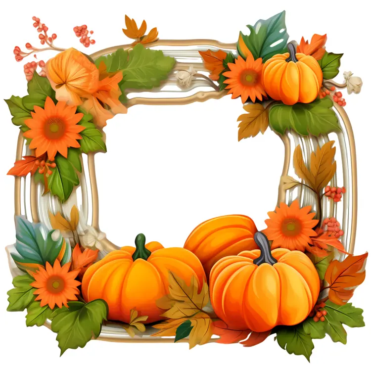 Autumn Pumpkin Frame with Leaves and Flowers