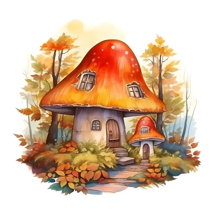 Small cute mushroom house with autumn leaves