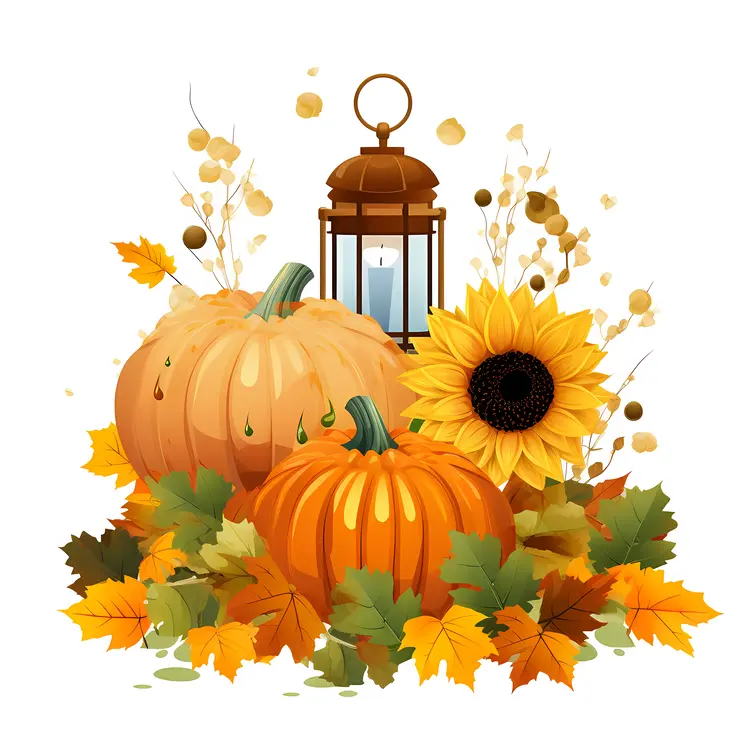 Autumn Harvest Pumpkin and Lantern Illustration