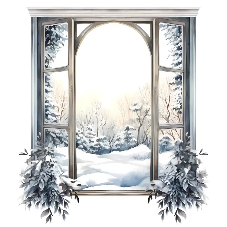 Snowy Landscape through Open Window