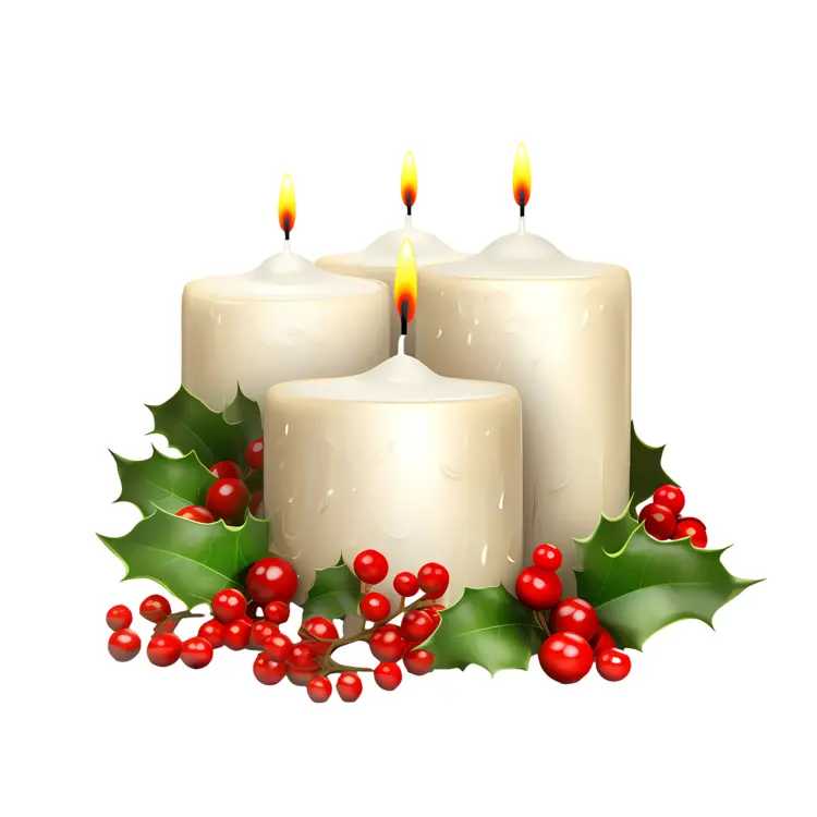 White Christmas Candles with Holly and Berries