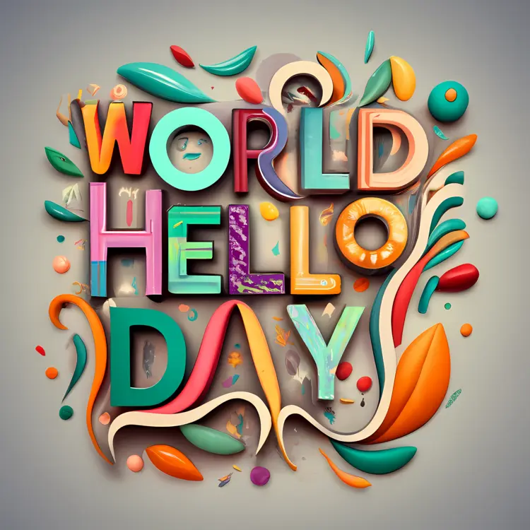 Colorful World Hello Day Text with Confetti