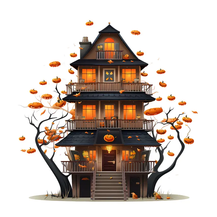 Spooky Haunted House with Pumpkins for Halloween