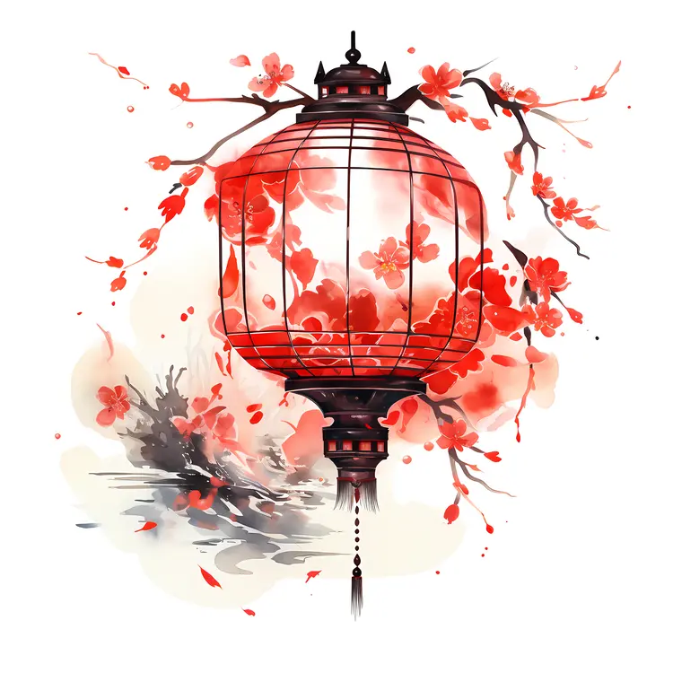 Red Lantern with Cherry Blossoms for Chinese New Year