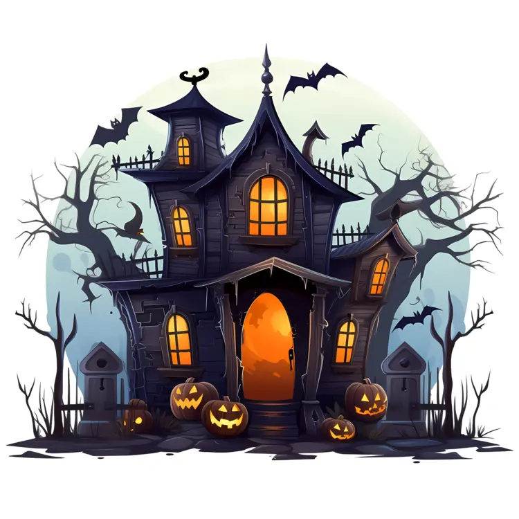 Spooky Haunted House with Pumpkins
