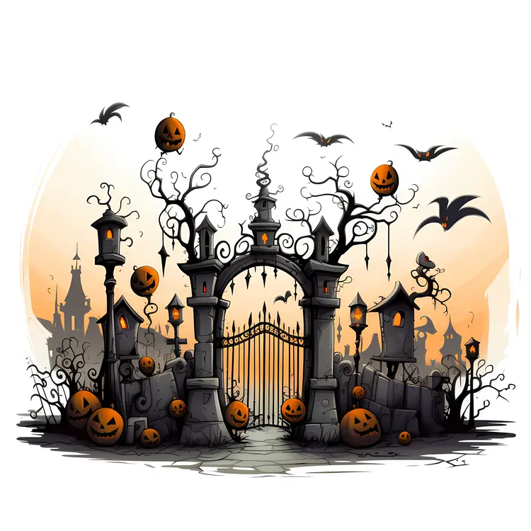 Spooky Haunted Gate with Pumpkins