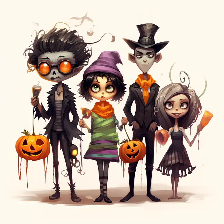 Stylish Halloween Characters with Pumpkins