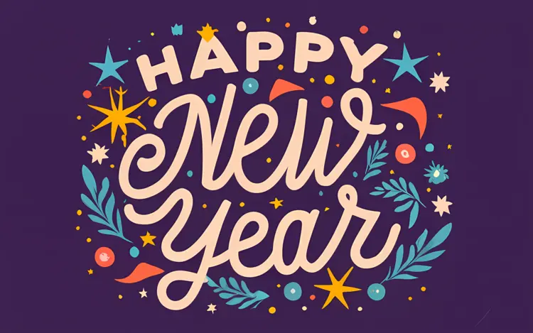 Happy New Year Card with Stars and Decorations