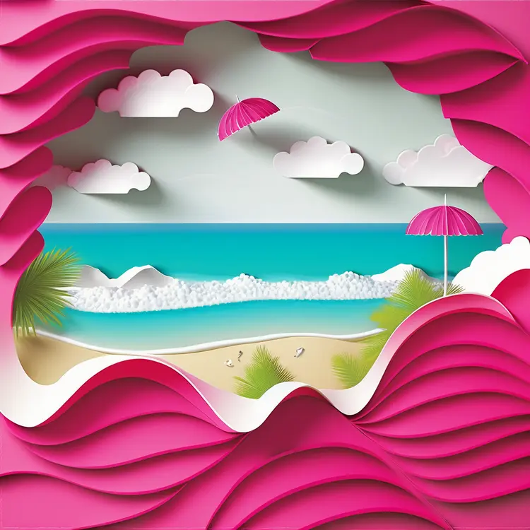 Colorful Beach Scene with Pink Umbrella