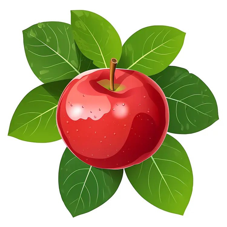 Red Apple with Green Leaves Illustration