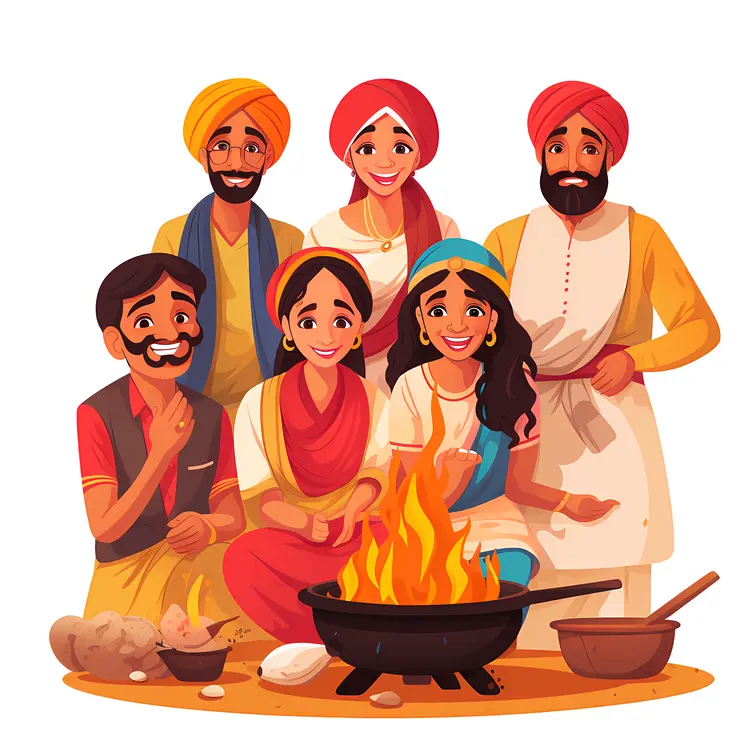 Family Celebrating Lohri Around Fire