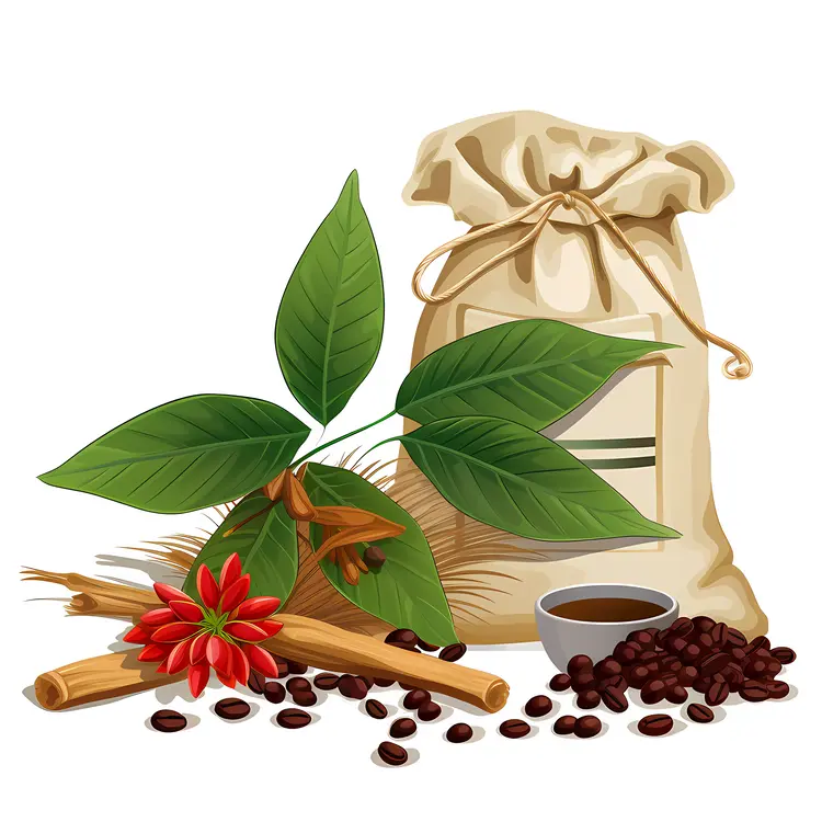 Coffee Beans and Sack with Leaves and Coffee Cup