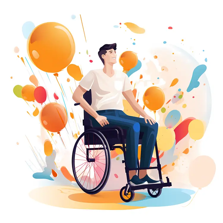 Man in Wheelchair with Colorful Balloons