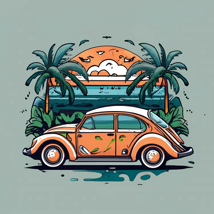 Orange Car on Tropical Beach