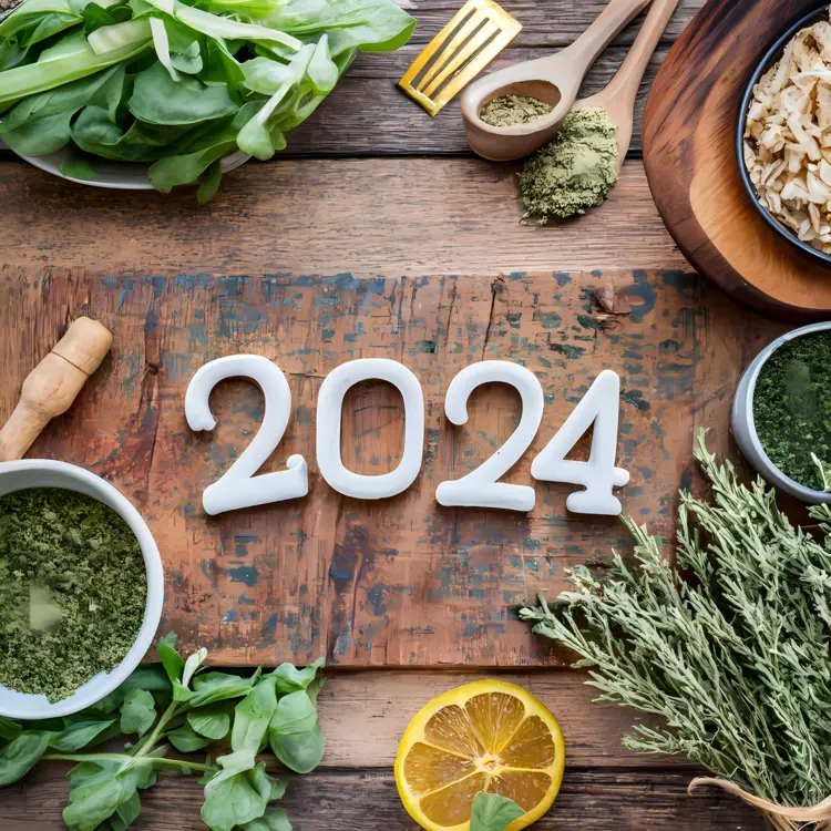 2024 with Herbs and Lemon on Wooden Table