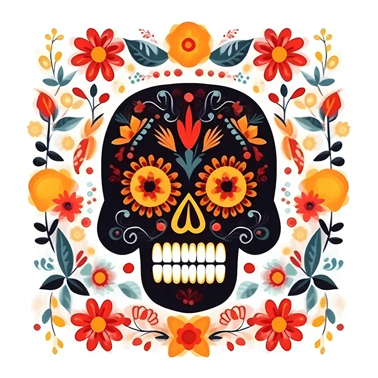 Colorful Sugar Skull with Floral Decorations for Day of the Dead